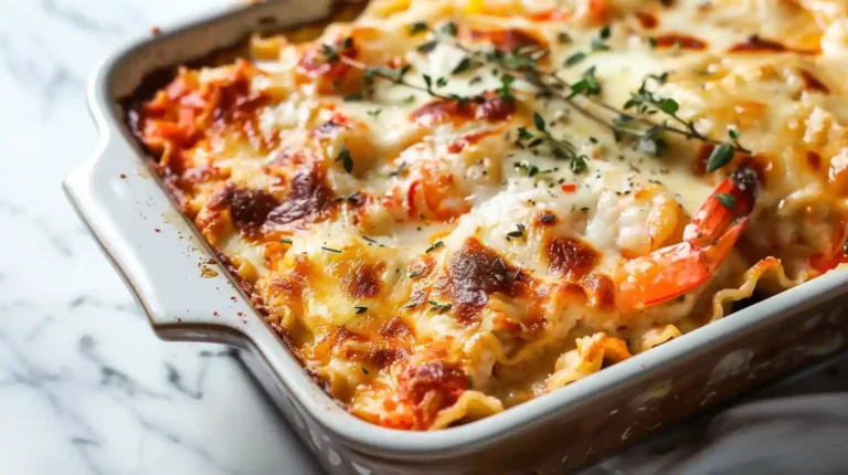 Baked Seafood Lasagna with Lobster and Shrimp in ceramic dish