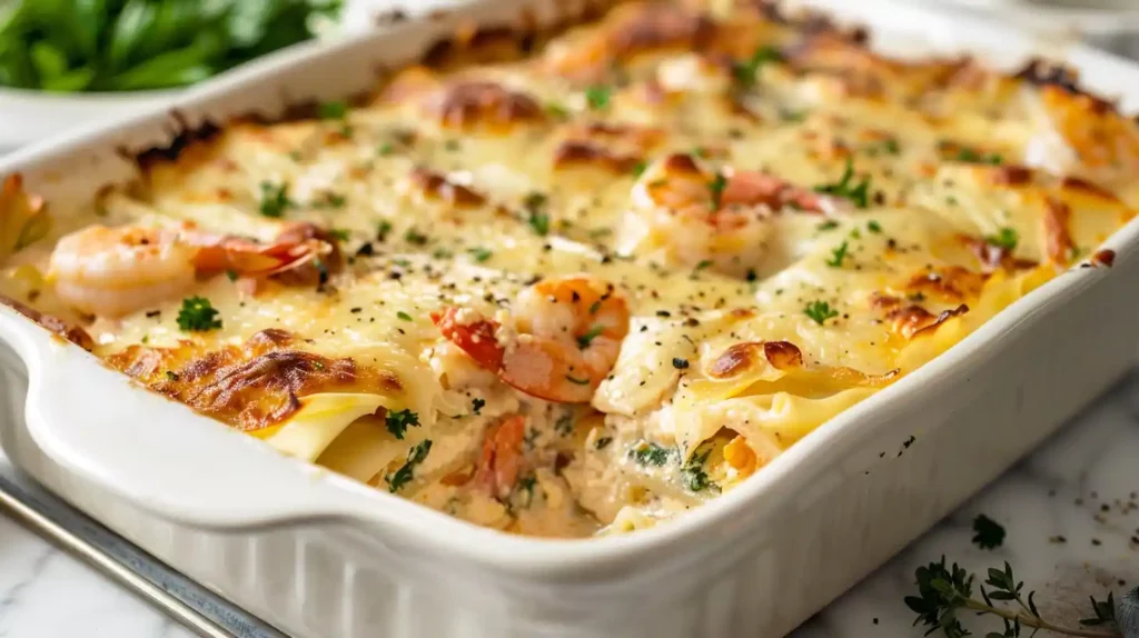Creamy Seafood Lasagna with Lobster and Shrimp topped with parsley