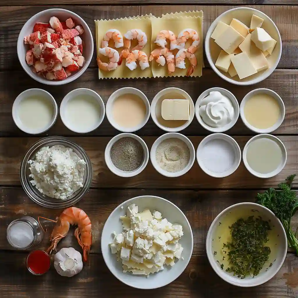 Ingredients for Seafood Lasagna with Lobster and Shrimp arranged on wooden surface