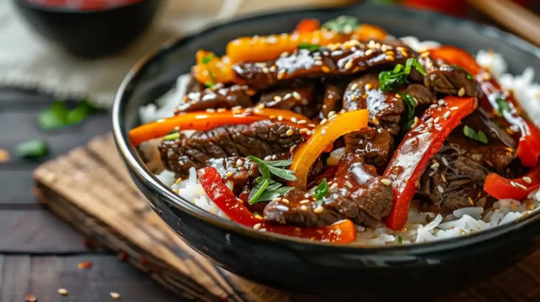 Slow cooker pepper steak bowl closeup