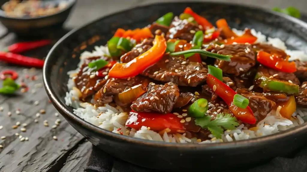 Slow Cooker Pepper Steak Recipe bowl with rice