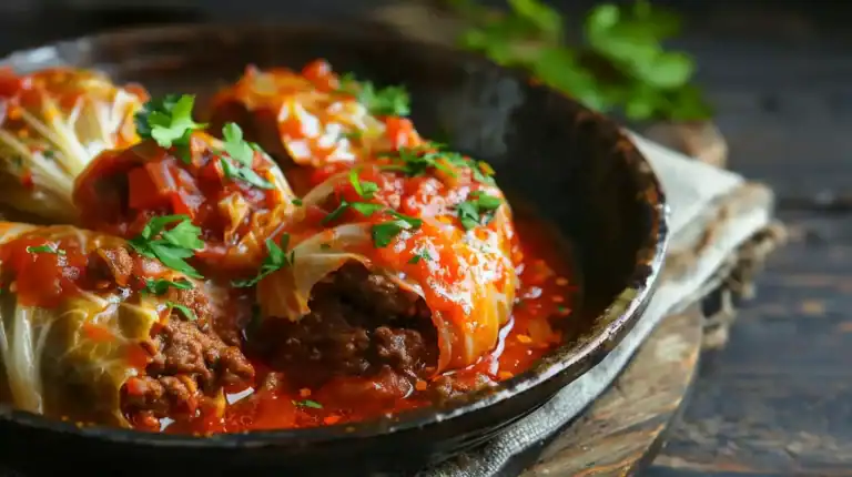 Juicy unstuffed cabbage rolls in a rustic pan