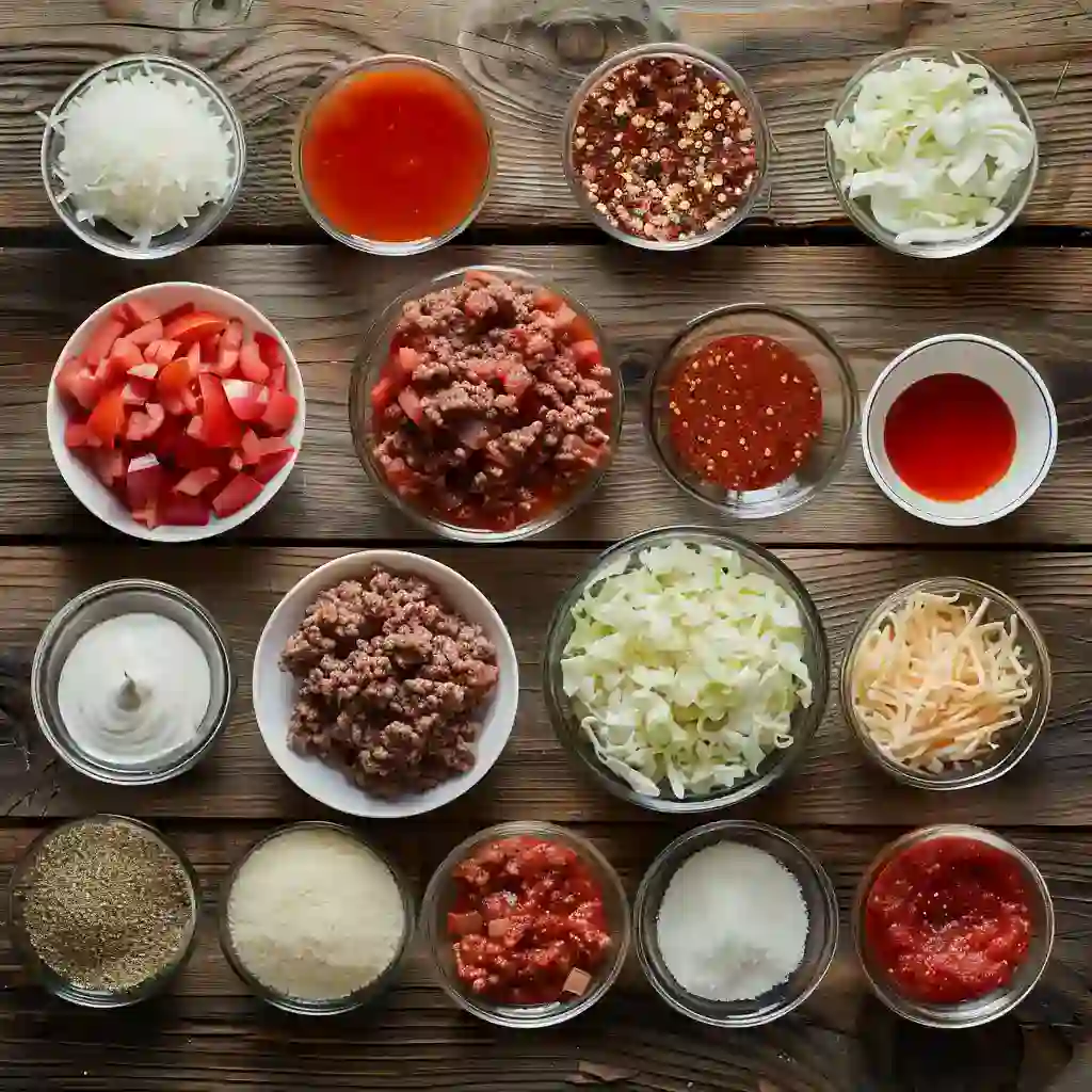 Ingredients for slow cooker unstuffed cabbage rolls on wood