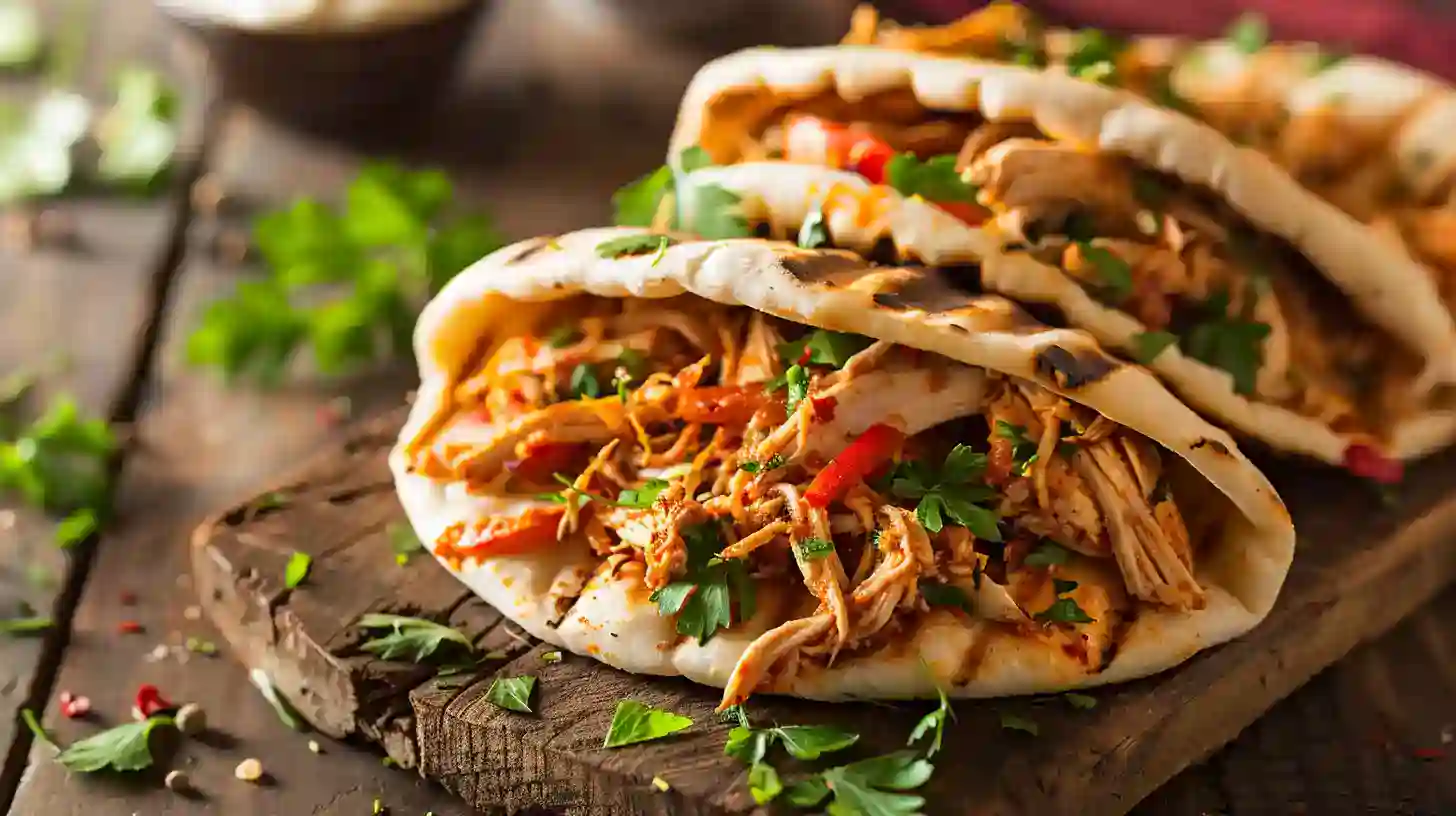 Slow cooker chicken shawarma stuffed in warm flatbread with herbs