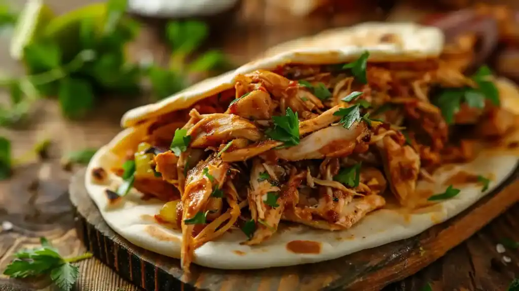 Close-up of slow cooker chicken shawarma with herbs in flatbread