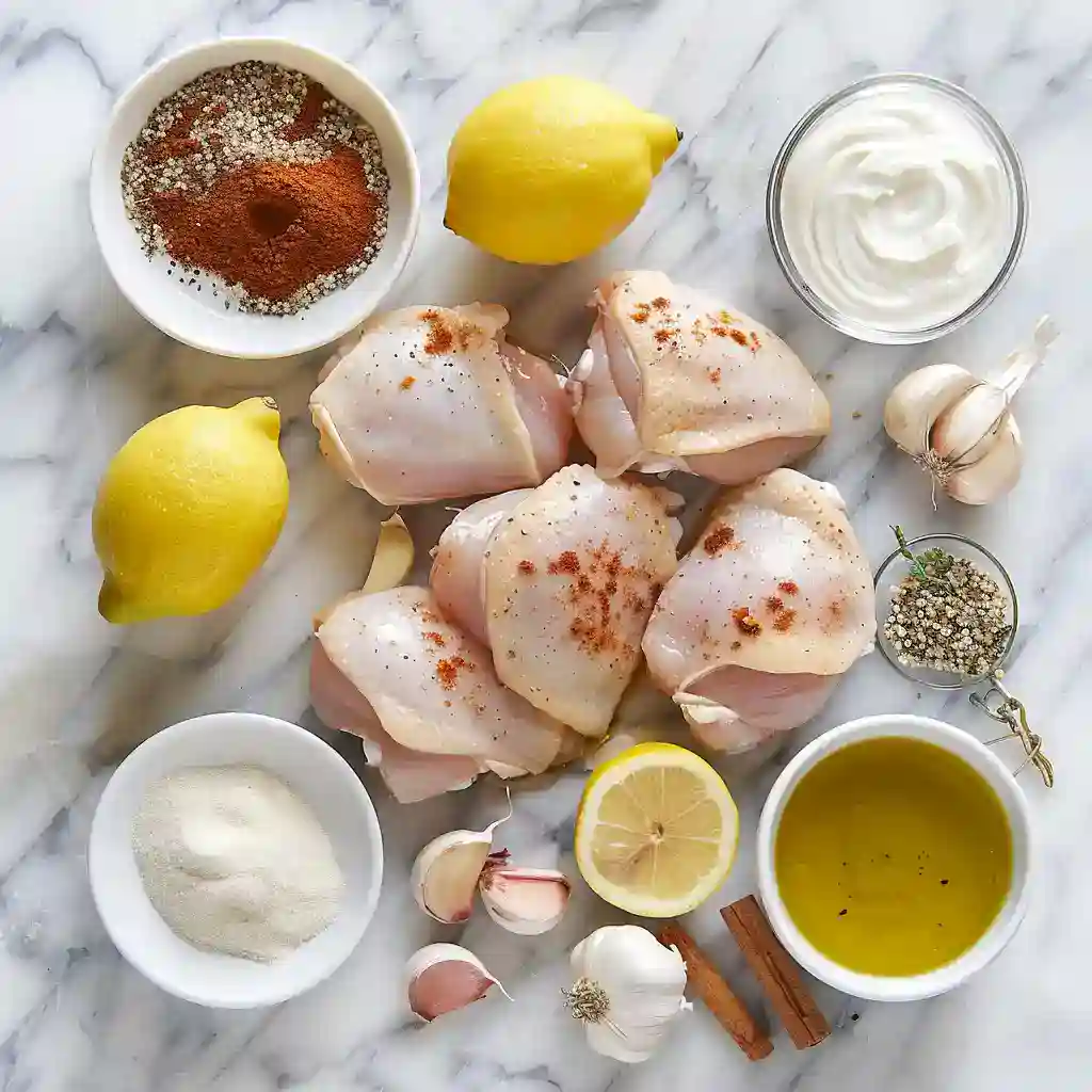 Ingredients for slow cooker chicken shawarma including raw chicken, garlic, spices, lemon, and olive oil