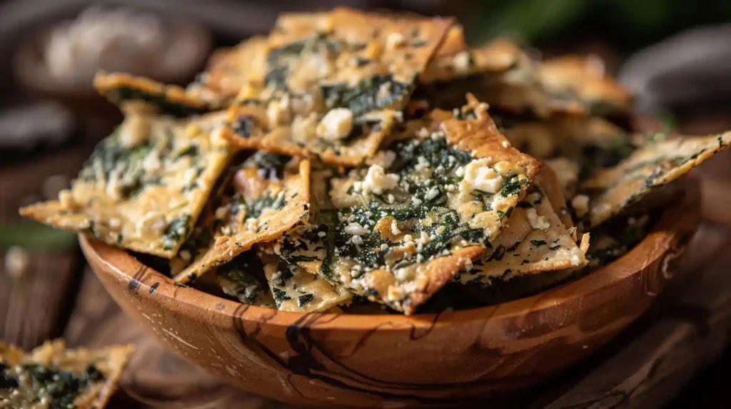Mediterranean spinach and feta crisps in rustic wooden bowl