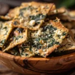 Mediterranean spinach and feta crisps in rustic wooden bowl