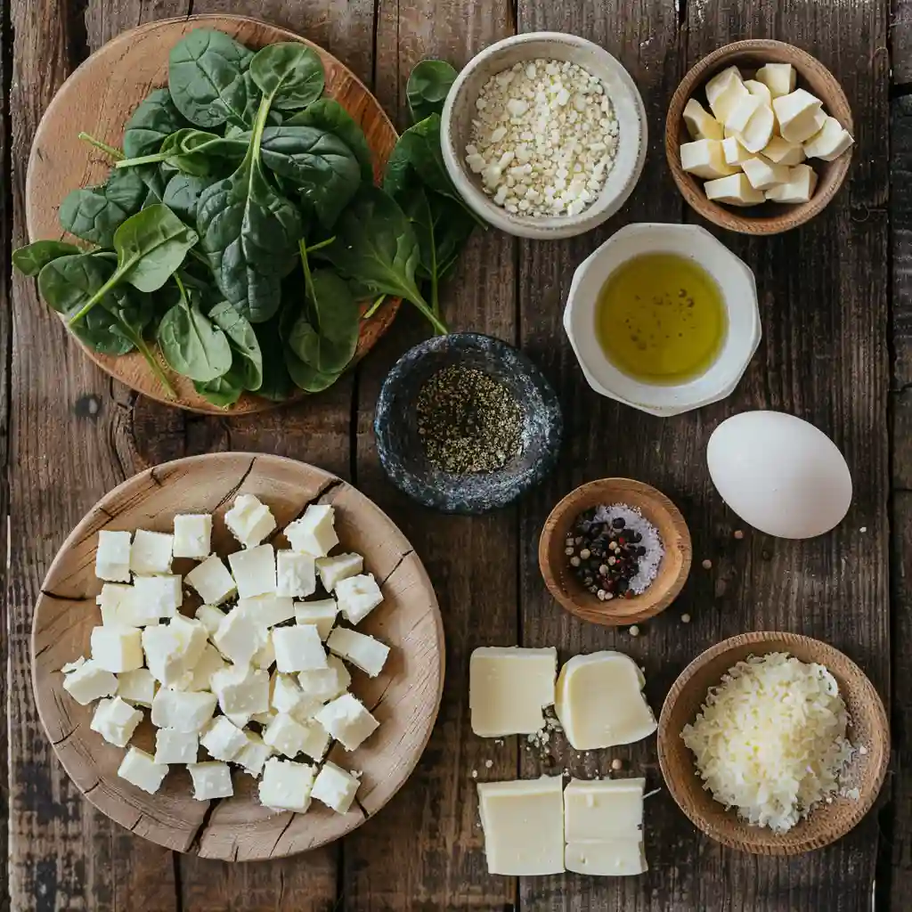 Ingredients for spinach and feta crisps including fresh spinach, cheese, and herbs