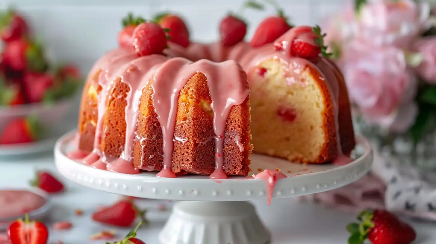 Homemade Strawberry Pound Cake Recipe with pink glaze and fresh strawberries
