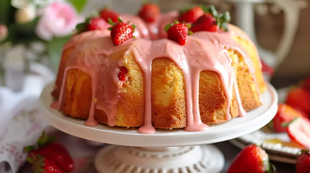 Homemade Strawberry Pound Cake Recipe drizzled with strawberry glaze and whole strawberries on top