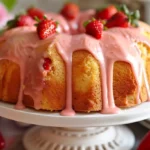 Homemade Strawberry Pound Cake Recipe drizzled with strawberry glaze and whole strawberries on top