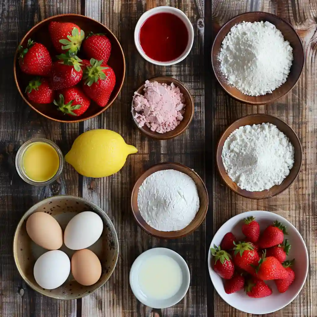 Strawberry pound cake ingredients including fresh strawberries, flour, eggs, and lemon