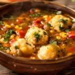 Tamale Soup with Tamale Dumplings and vegetables