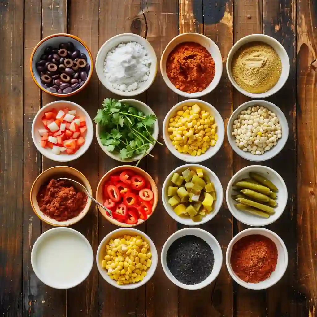 Ingredients for Tamale Soup with Tamale Dumplings on rustic table