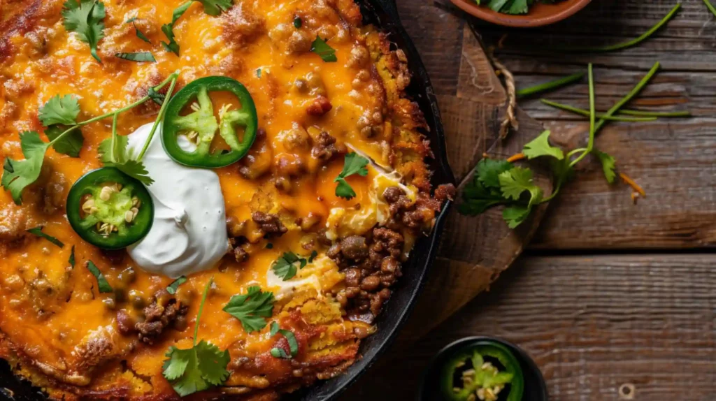 Texas Tamale Pie Casserole with melted cheese and jalapeños in skillet.
