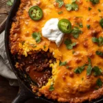 Overhead view of cheesy Texas Tamale Pie Casserole with sour cream and cilantro.