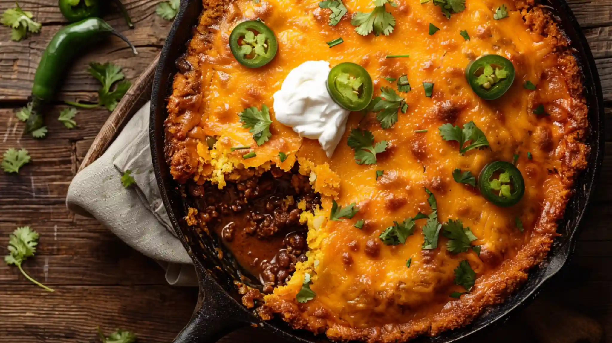 Overhead view of cheesy Texas Tamale Pie Casserole with sour cream and cilantro.