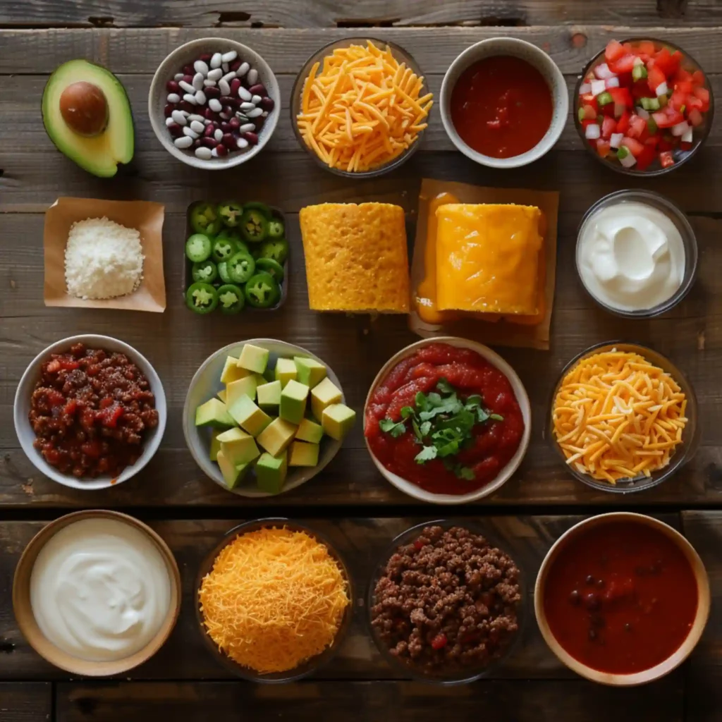 Ingredients for Texas Tamale Pie Casserole on rustic wooden surface.