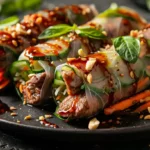 Thai basil beef rolls drizzled with sauce and topped with peanuts