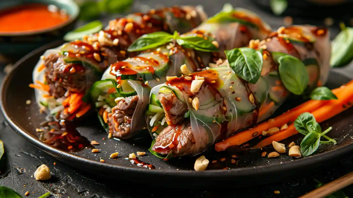 Thai basil beef rolls drizzled with sauce and topped with peanuts