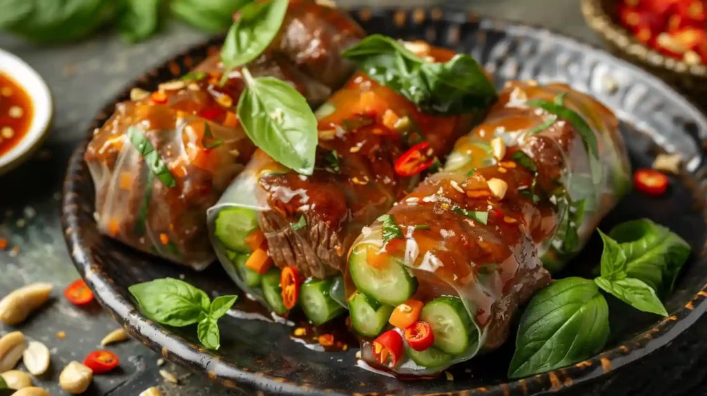 Thai basil beef spring rolls with cucumber, carrots, and red chili