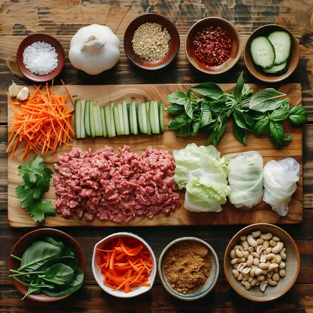 Ingredients for Thai basil beef rolls including beef, basil, and rice paper