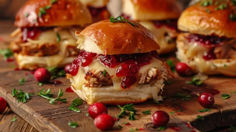 Close-up of a turkey cranberry slider with melted cheese and cranberry sauce on a golden bun.