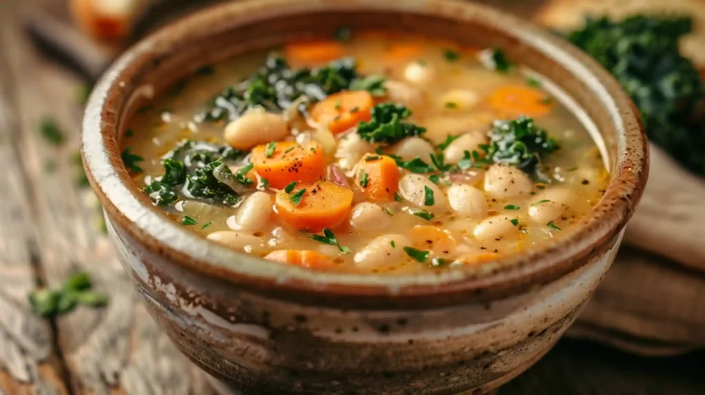 Tuscan White Bean Soup with carrots and kale in rustic bowl