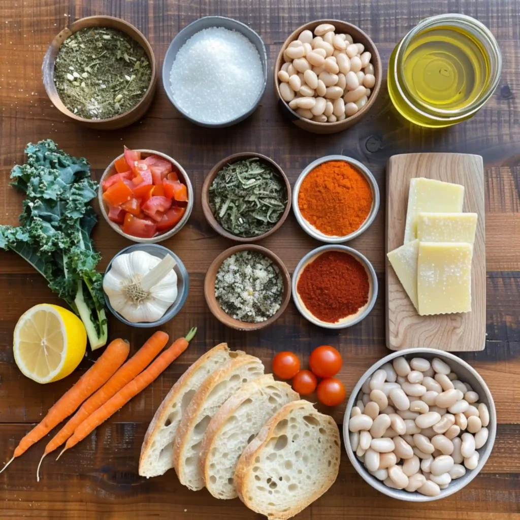 Ingredients for Tuscan White Bean Soup laid out on wooden table