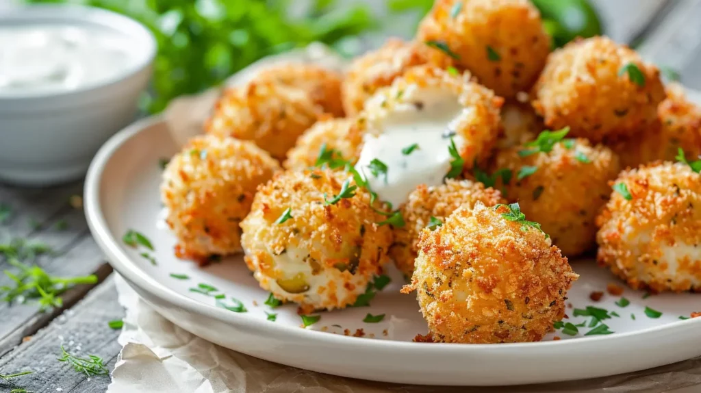 Crispy pickle cheese bites garnished with herbs on a white plate