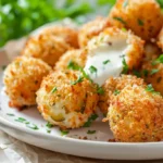 Crispy pickle cheese bites garnished with herbs on a white plate