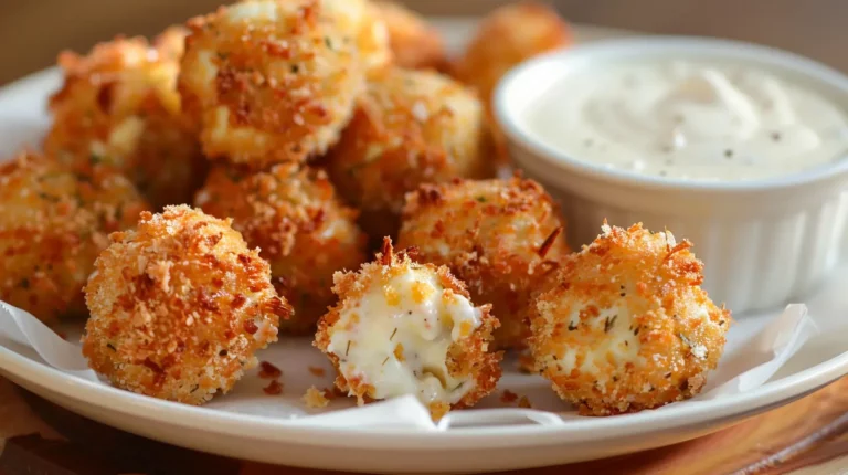Crispy pickle cheese bites with melted cheese inside served with a creamy dipping sauce