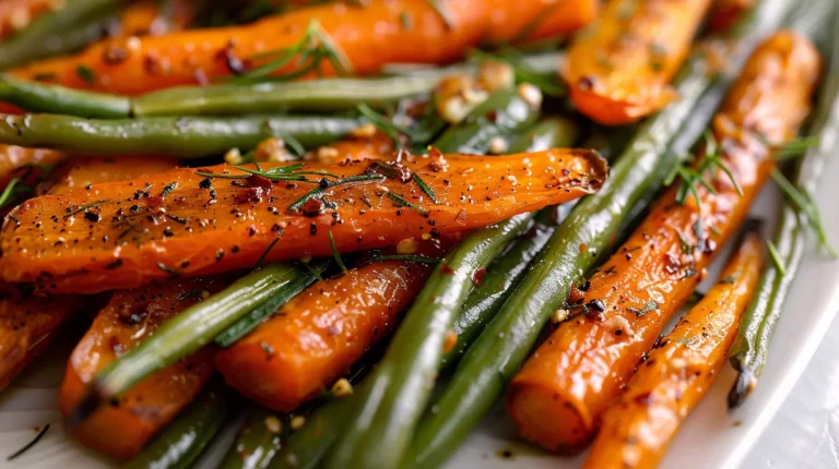 Crispy roasted carrots and green beans seasoned with herbs and spices