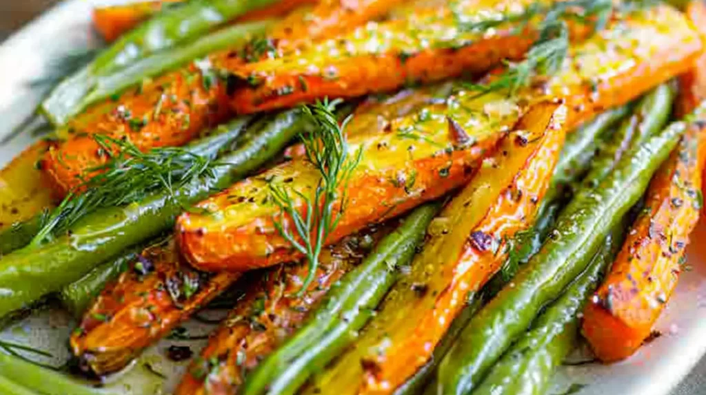 Crispy roasted carrots and green beans served on a plate with fresh herbs