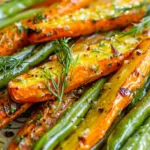 Crispy roasted carrots and green beans served on a plate with fresh herbs