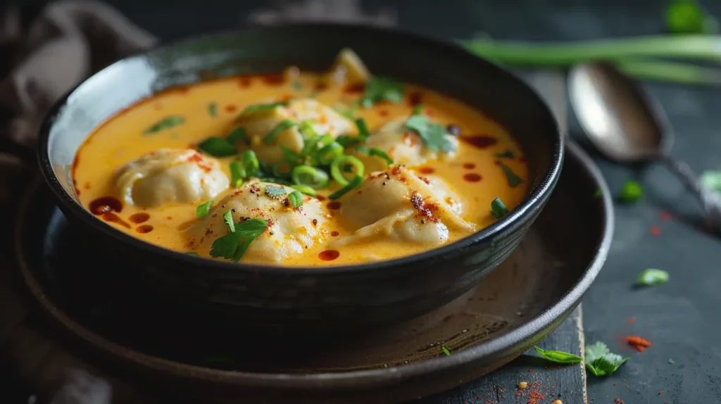 Coconut curry soup with dumplings in a dark bowl topped with fresh herbs and chili oil