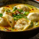 Coconut curry soup with dumplings served in a bowl with fresh herbs and spices
