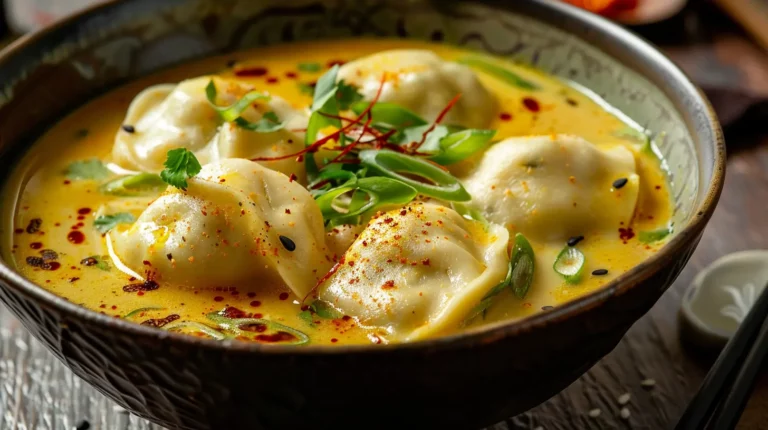 Coconut curry soup with dumplings served in a bowl with fresh herbs and spices