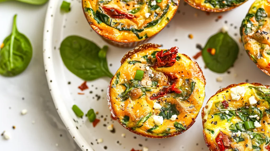 Spinach, feta & sun-dried tomato egg muffins baked until golden