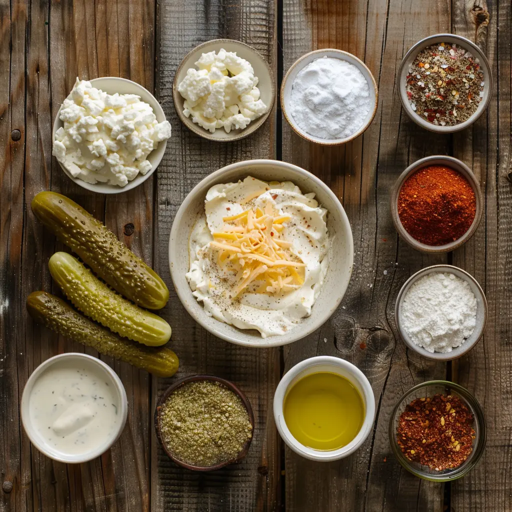 Ingredients for crispy pickle cheese bites arranged on a rustic wooden table