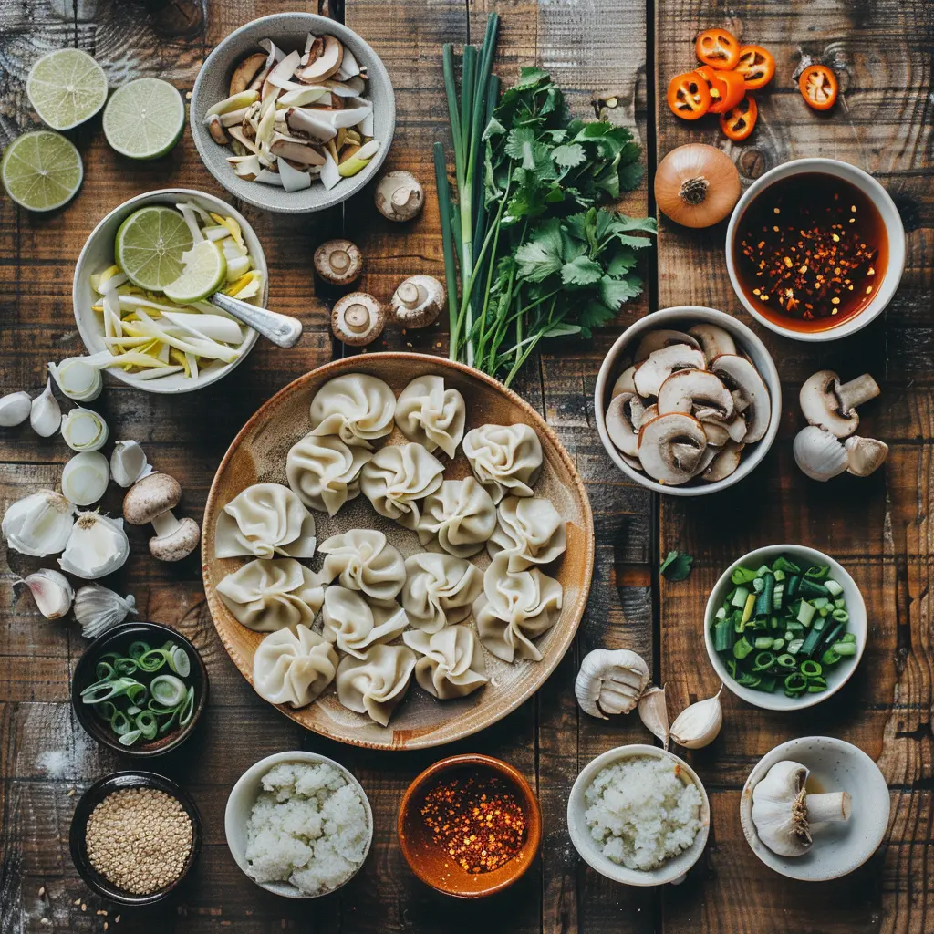 Ingredients for coconut curry soup with dumplings arranged on a rustic wooden table