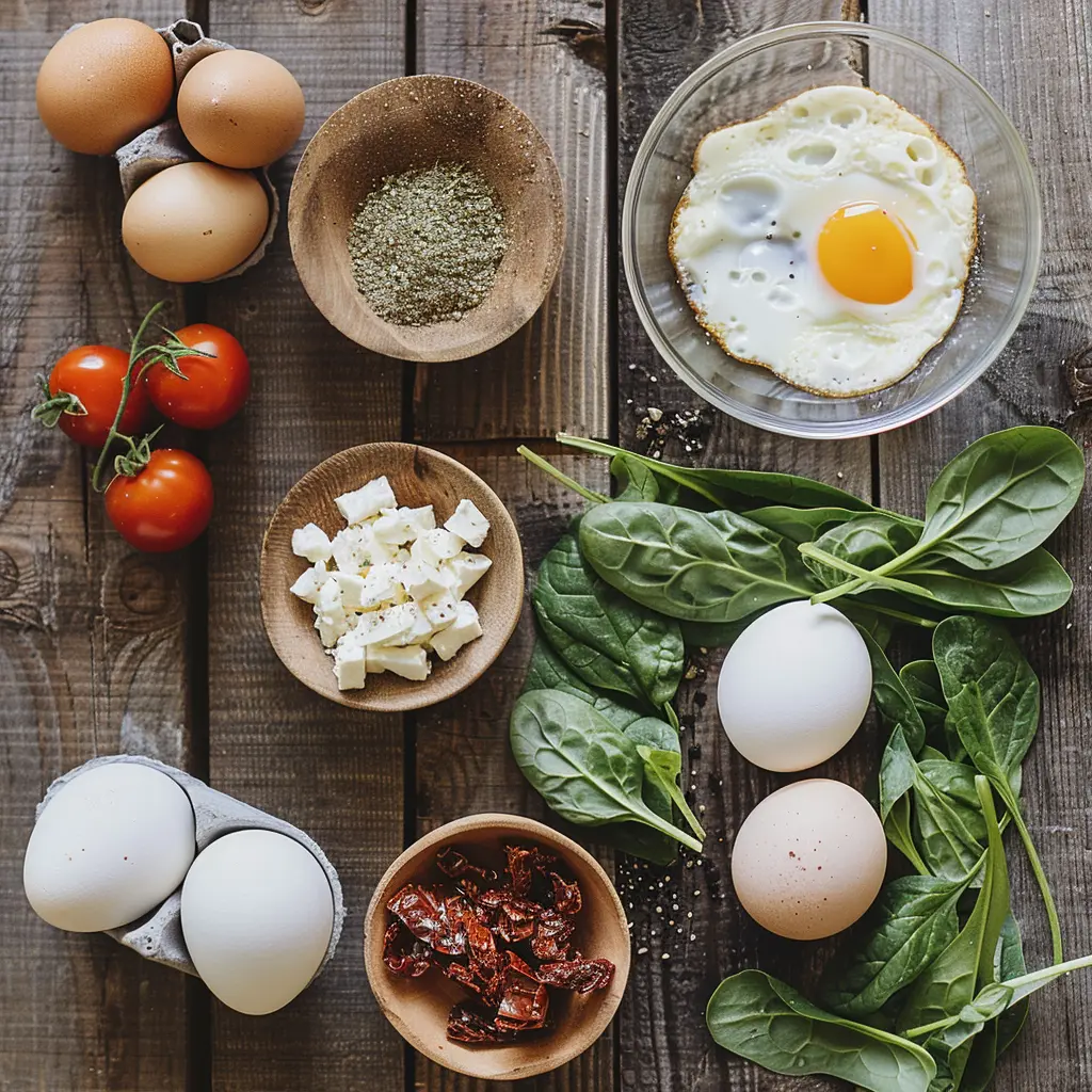 Ingredients for spinach, feta, and sun-dried tomato egg muffins