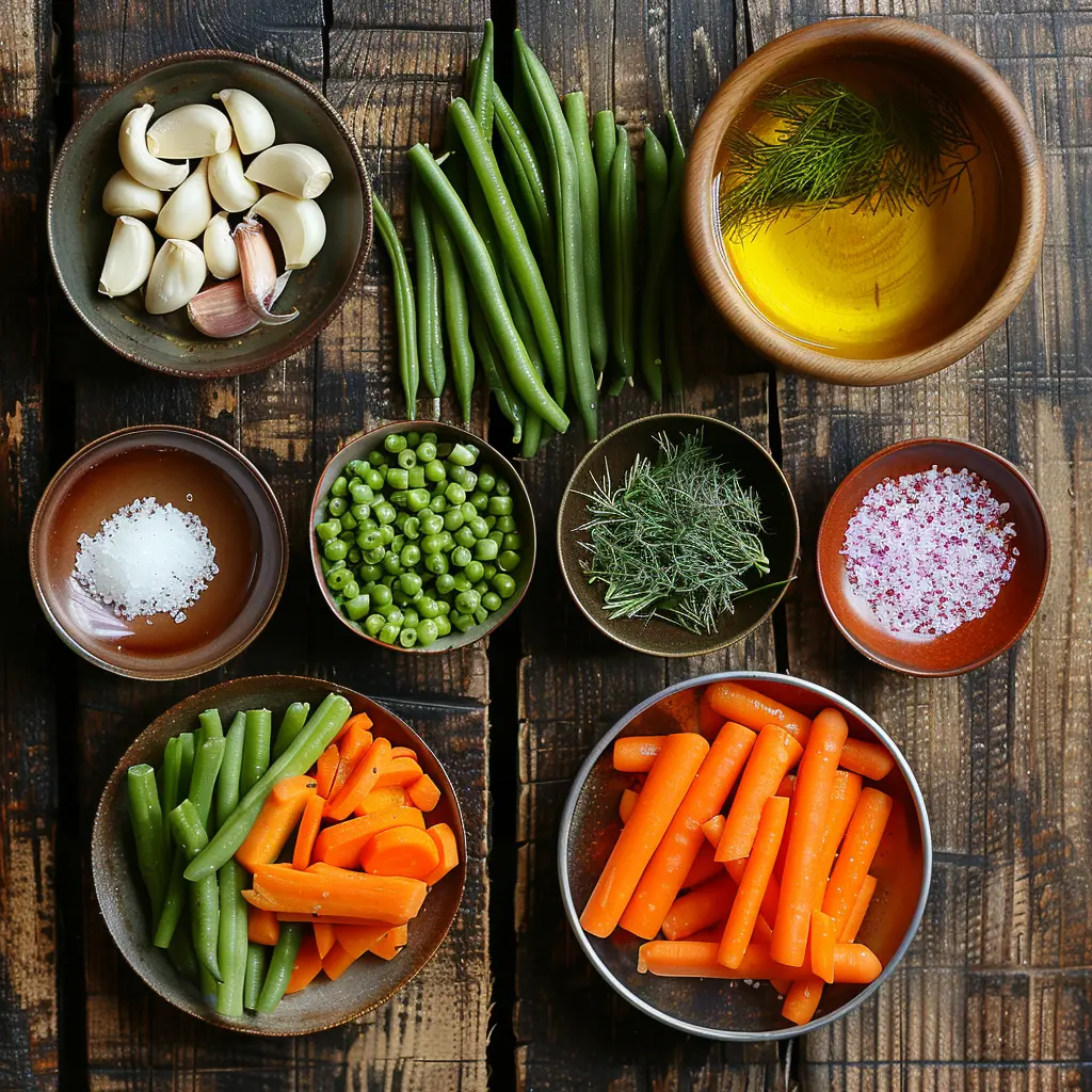 Ingredients for crispy roasted carrots and green beans on a rustic wooden table