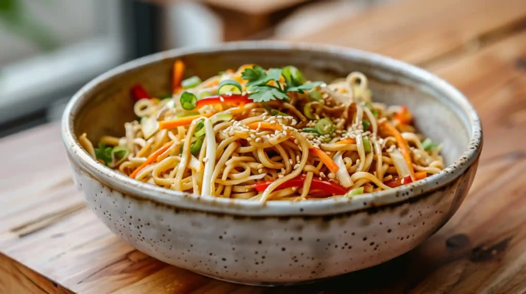 Vegetable chow mein in bowl with sesame seeds