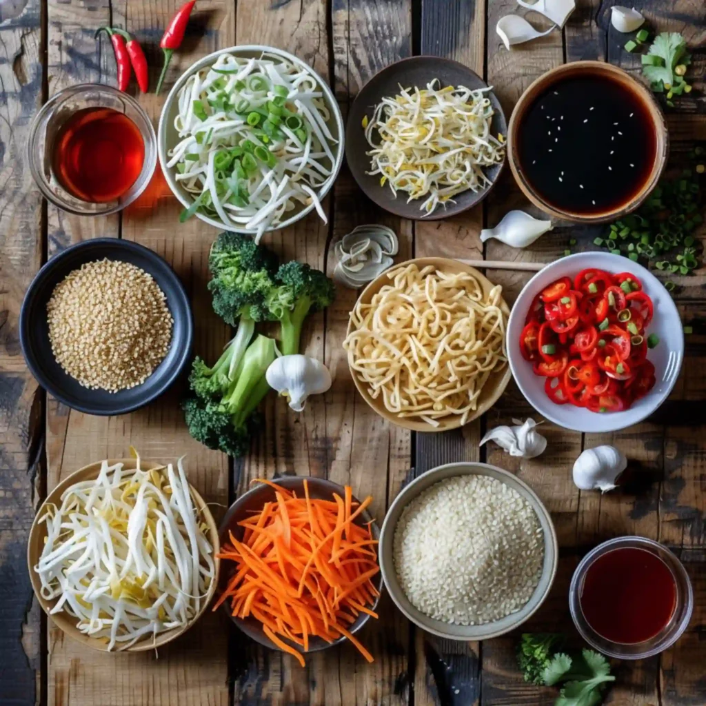 Vegetable chow mein ingredients top view