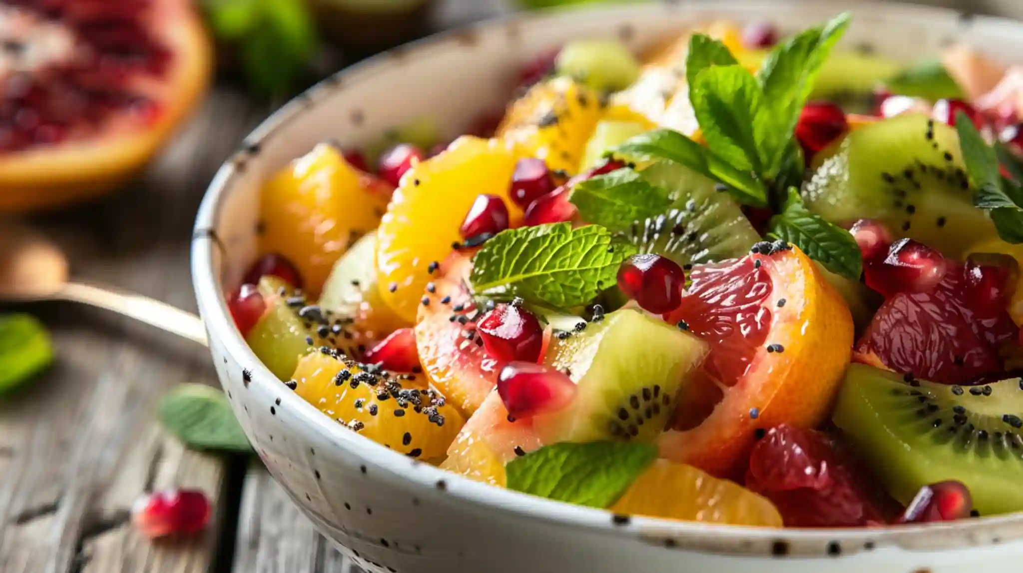 Winter Fruit Salad with citrus, kiwi, and pomegranate