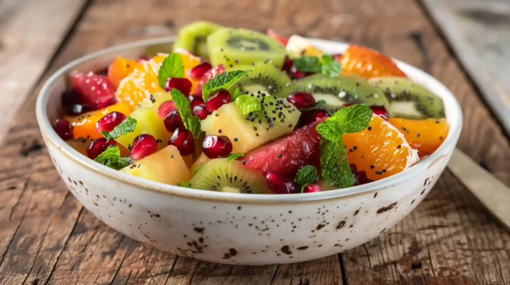 Bowl of Winter Fruit Salad on rustic wooden table