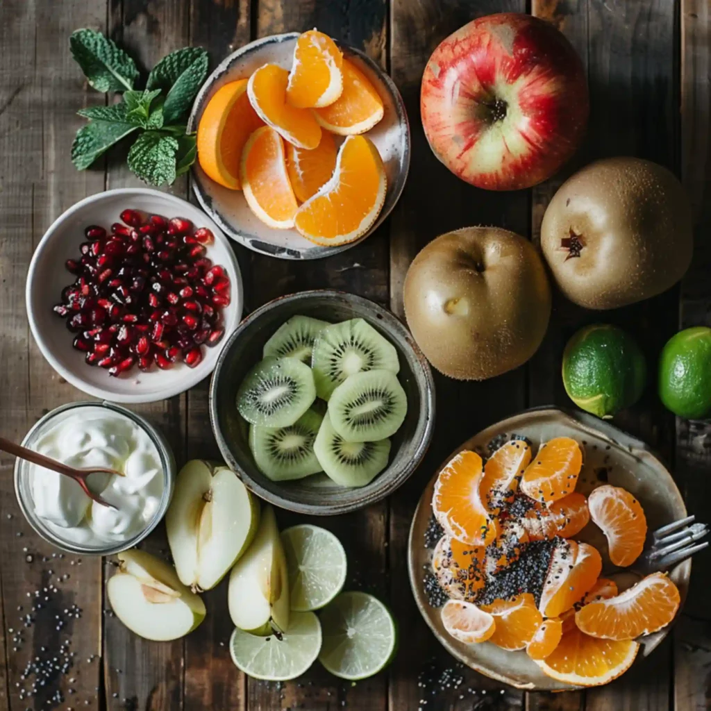 Ingredients for Winter Fruit Salad on wooden background