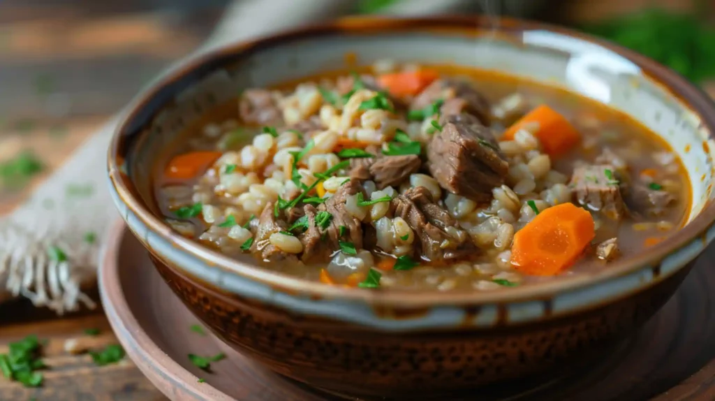 Bowl of hearty beef barley soup with chunks of beef and vegetables